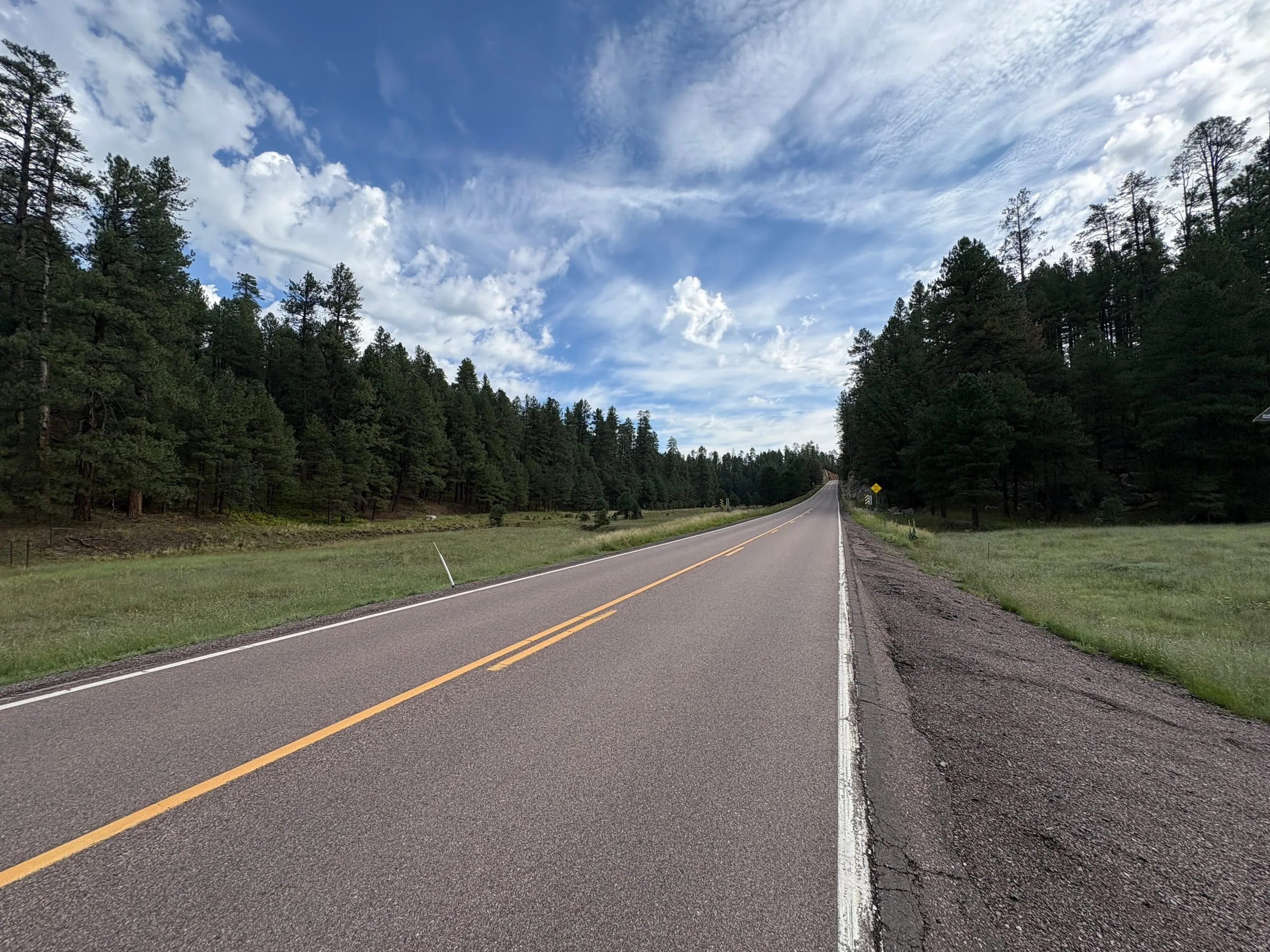 The two-lane road up from Payson, running away between walls of ponderosa pine with a double yellow line down the middle of it.