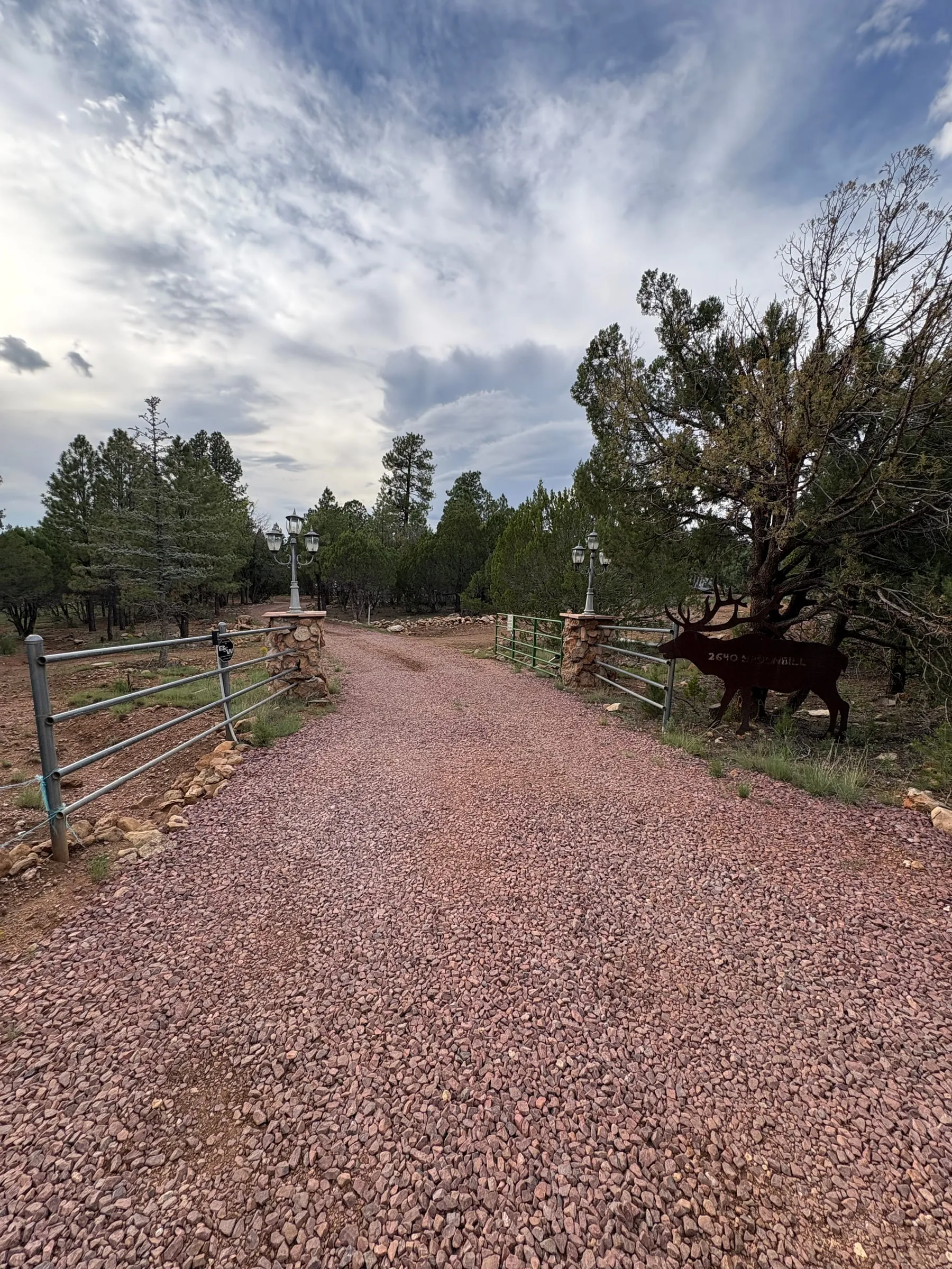 The front gate of Spoonbill Lodge — a metal ranch gate between two stone piers with double lampposts on them, and a steel elk silhouette above it. The graveled drive runs on through the pines.